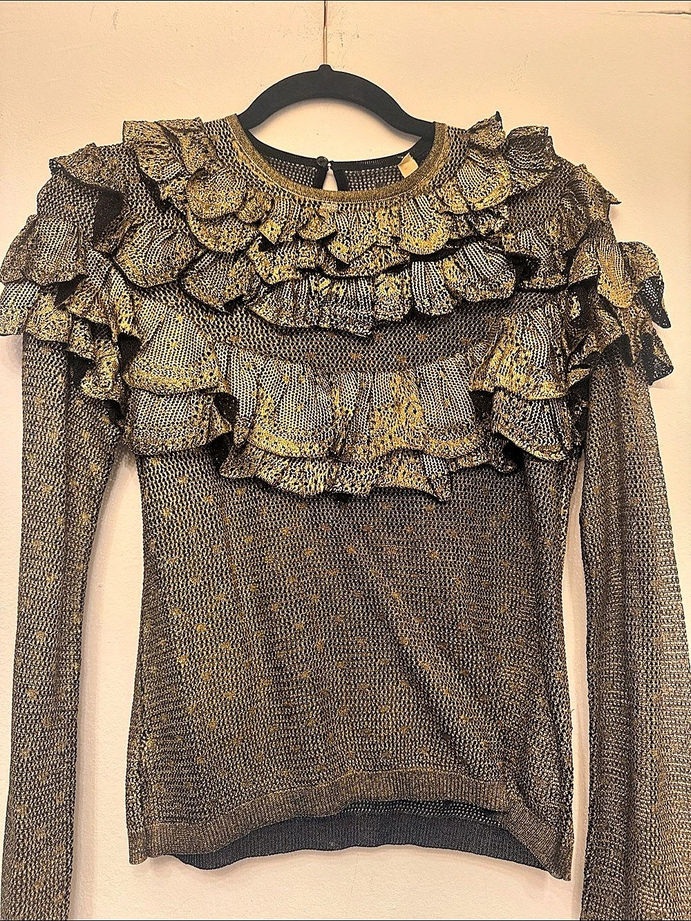 Ulla Johnson Gold & Black Ruffle Long Sleeve Top Like New